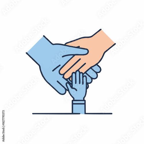This vibrant illustration depicts diverse hands stacked together, symbolizing strong community support, family unity, and intergenerational cooperation.