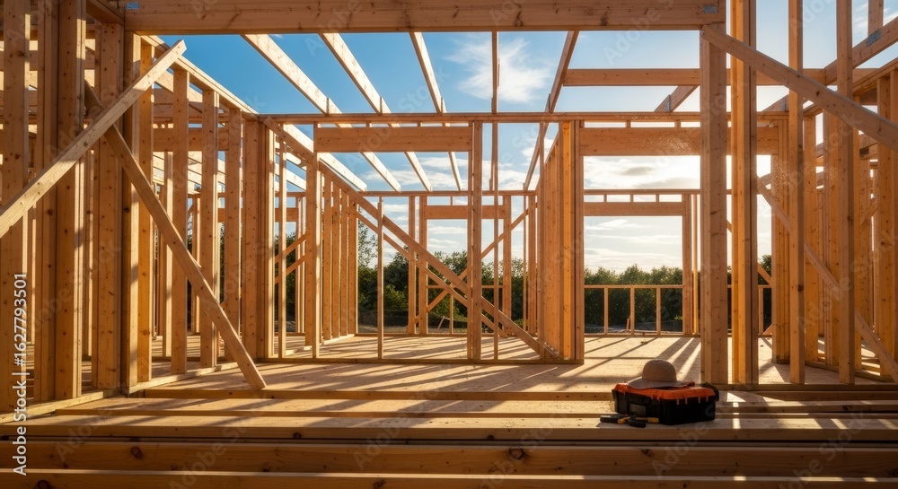 Fototapeta premium Framing Structure of New Building Under Construction in Sunset Light