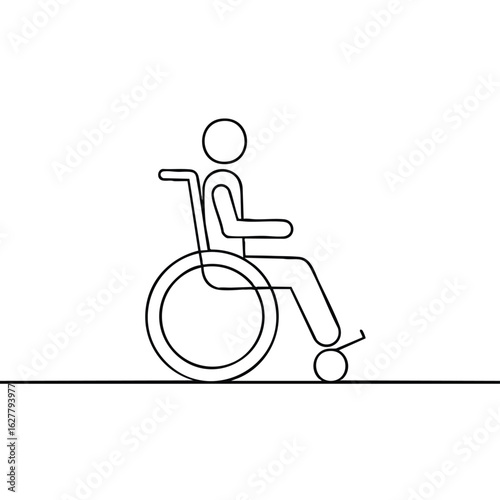 A minimalist continuous line drawing depicts a person seated in a wheelchair, symbolizing accessibility, support, and inclusive design for individuals with disabilities.