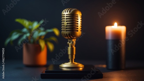 Vintage golden microphone stands illuminated by a warm candle flame next to a potted plant