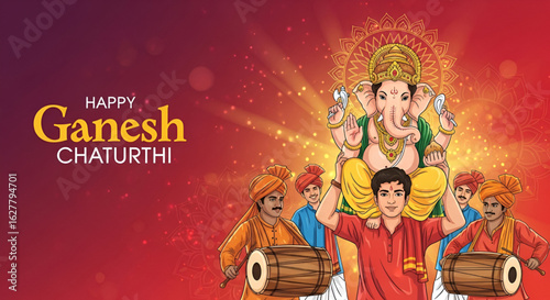 Traditional Ganesh Chaturthi celebration illustration showing Ganapati idol carried on shoulders by man with group of drummers wearing festive attire during Hindu festival