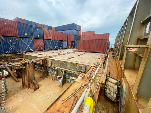Cargo area of containers ship with loaded containers on hatch covers in. very poor and rust condition.