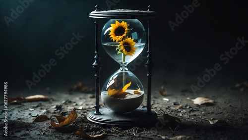 Hourglass with sunflowers and water symbolizing the passage of time and nature s beauty