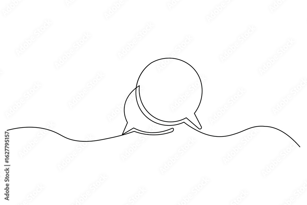 Obraz premium Minimalist one line drawing of two speech bubbles with ellipsis, symbolizing conversation or communication.