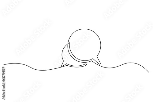 Minimalist one line drawing of two speech bubbles with ellipsis, symbolizing conversation or communication.