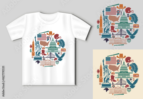 Vector illustration with American symbols in round shape on T shirt mockup. Includes Liberty Statue, Capitol, White House, eagle, cowboy hat, burger, and national flag. Perfect for tourism, souvenirs,