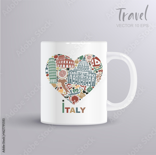 Vector illustration with traditional symbols of Italy, arranged in the shape of a heart. The design includes food, architecture, wine, nature and cultural elements of Italian heritage