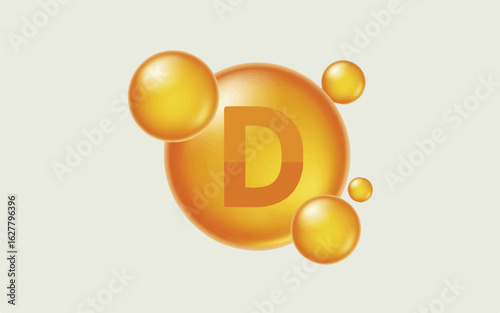 A 3D illustration of a vitamin D supplement capsule in a golden-orange color.  