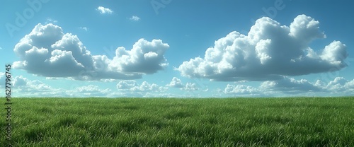 Bright blue sky with fluffy clouds floating above a lush green meadow during a sunny day