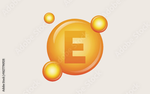 A 3D illustration of a vitamin E supplement capsule in a golden-orange color.