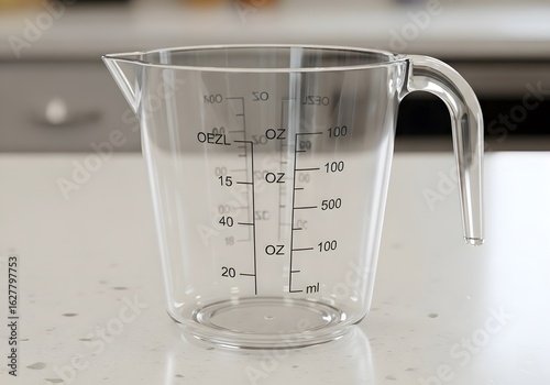 Clear plastic measuring cup with scale on a white kitchen countertop