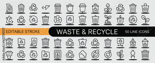 A collection of 50 minimalist line art icons arranged in a grid format, featuring waste and recycling themes.  