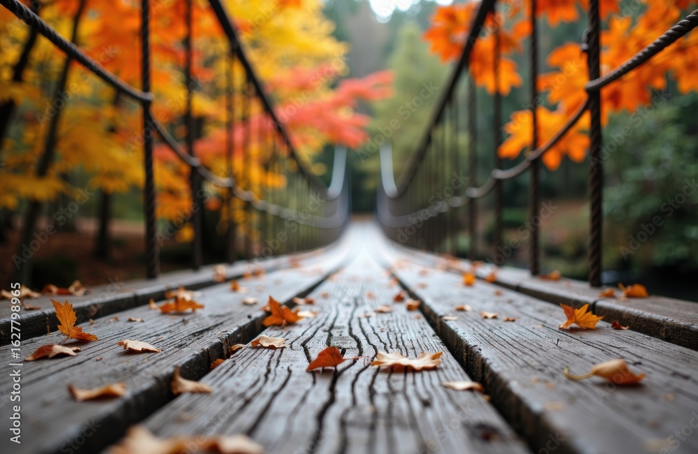 Fototapeta premium A wooden suspension bridge stretches into the distance surrounded by colorful autumn trees
