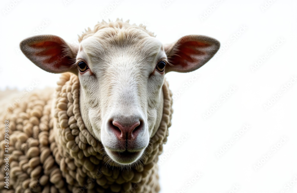 Obraz premium Close-up of a sheep's face with curly wool and alert ears on a white background