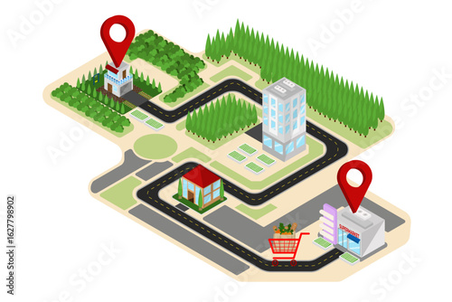 3D illustration of a city map with homes, a supermarket, and winding roads marked with red pins, ideal for delivery and urban navigation themes.