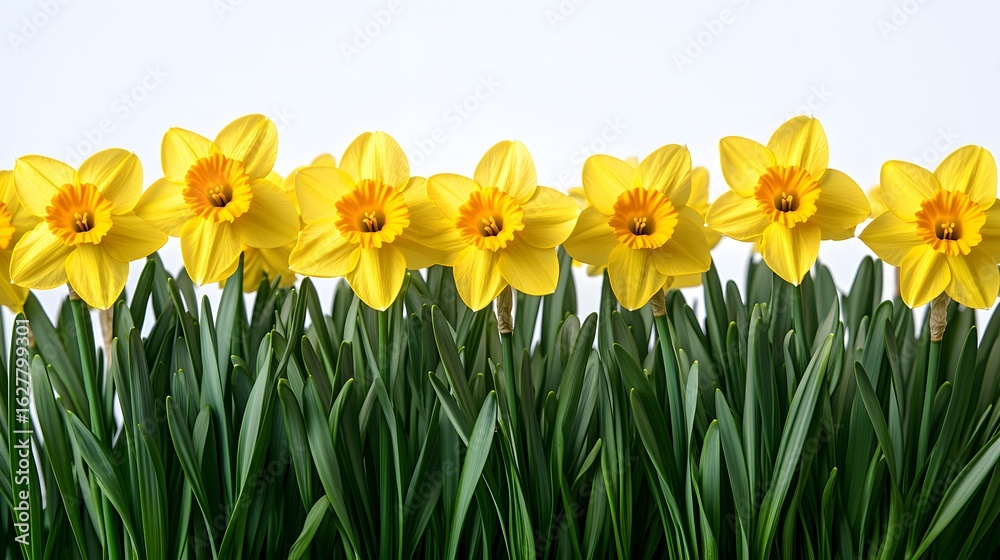 Fototapeta premium Bright yellow daffodils blooming in a lush green garden showcasing spring beauty in full bloom under clear skies