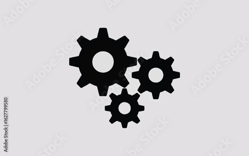 A minimalist black and white illustration of three interlocking gears of decreasing size arranged in a diagonal composition.