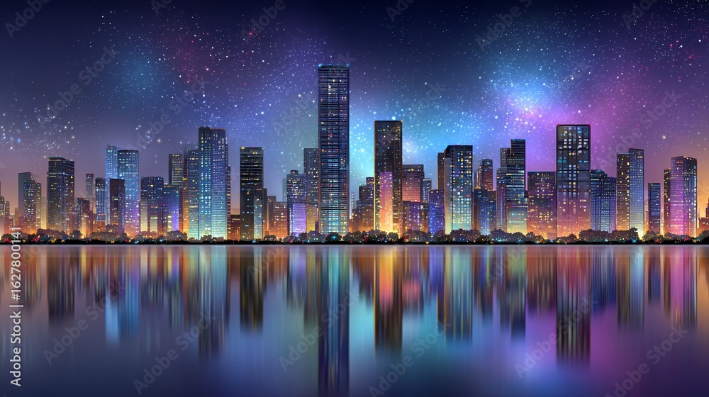 Fototapeta premium Horizonte futurista de ciudad nocturna con reflejo en el océano