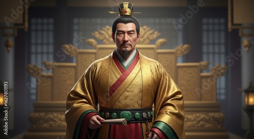 Cinematic Half-Body Portrait of Ancient Chinese Emperor in Golden Silk Robe with Intricate Embroidery and Jade Accessories in a Dim Imperial Throne Room