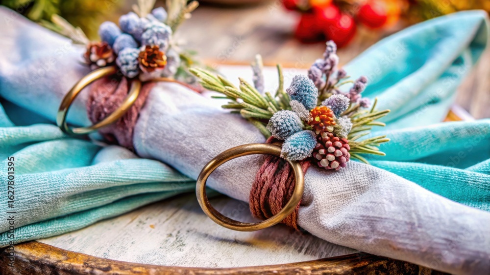 Naklejka premium Elegant napkin rings adorned with flowers on blue table cloth