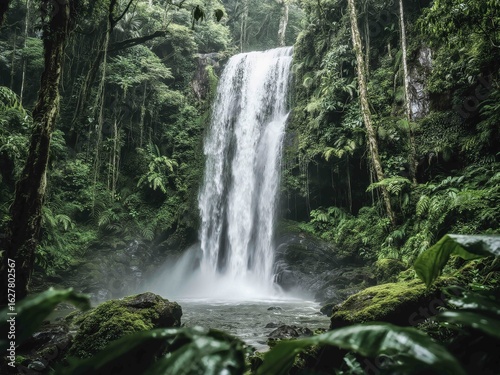 A breathtaking view of a powerful waterfall deep within a tropical jungle. Surrounded by dense greenery, moss-covered rocks, and vibrant foliage, this image evokes the essence of untouched nature