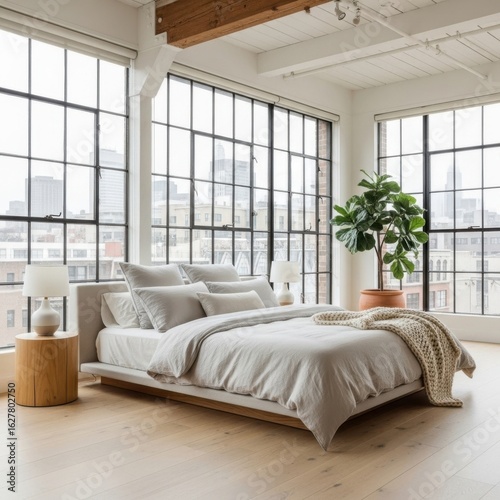 Modern loft bedroom with large industrial windows and a plush bed