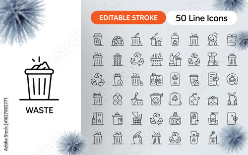 A set of 50 thin line icons arranged in a grid format, featuring waste and recycling themes.