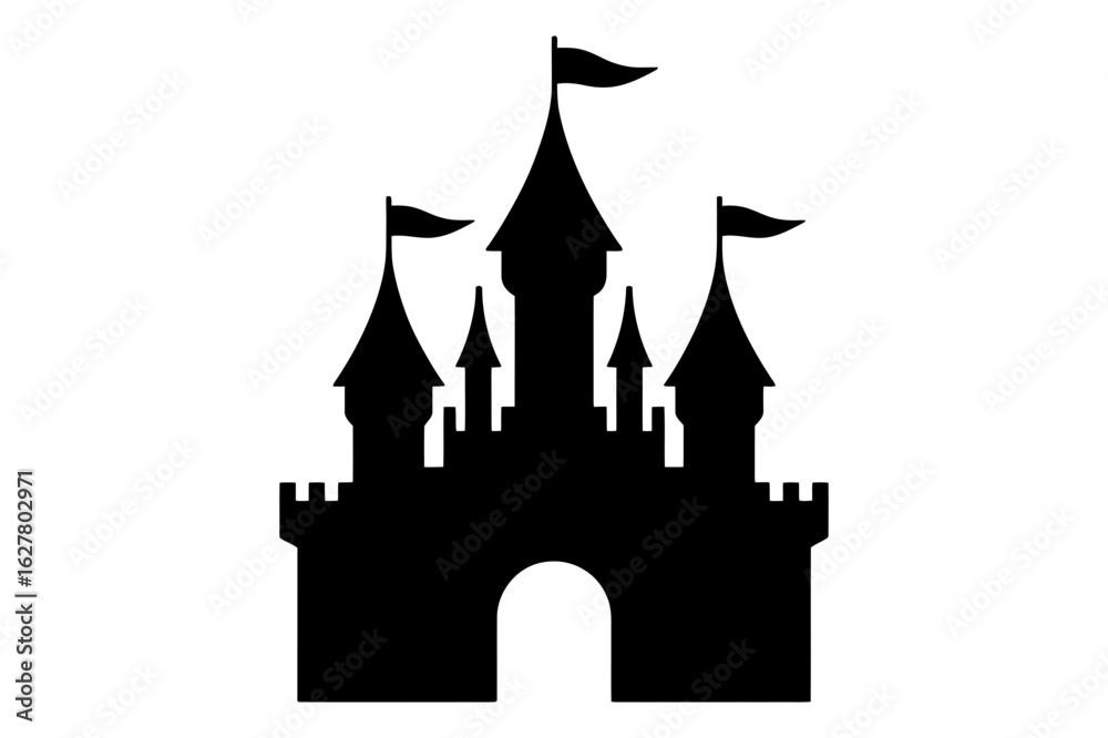 Obraz premium Silhouette of a majestic castle with multiple towers and flags against a white background scene