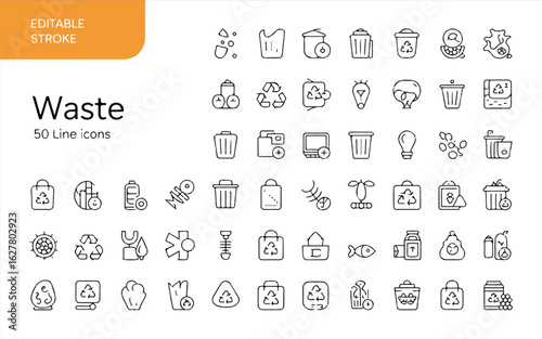 A set of 50 thin line icons arranged in a grid format, featuring waste and recycling themes.
