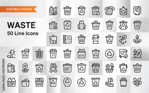 A set of 50 thin line icons arranged in a grid format, featuring waste and recycling themes.
