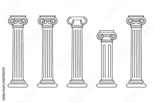 A line drawing showing five classical columns of varying heights and capital styles aligned