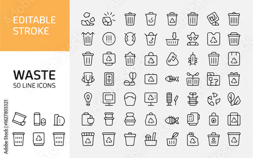 A set of 50 thin line icons arranged in a grid format, featuring waste and recycling themes.