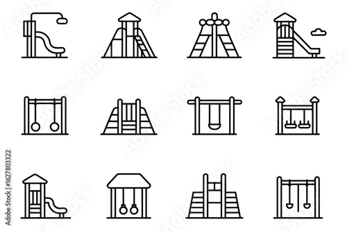A collection of twelve playground equipment icons including slides swings and climbing frames