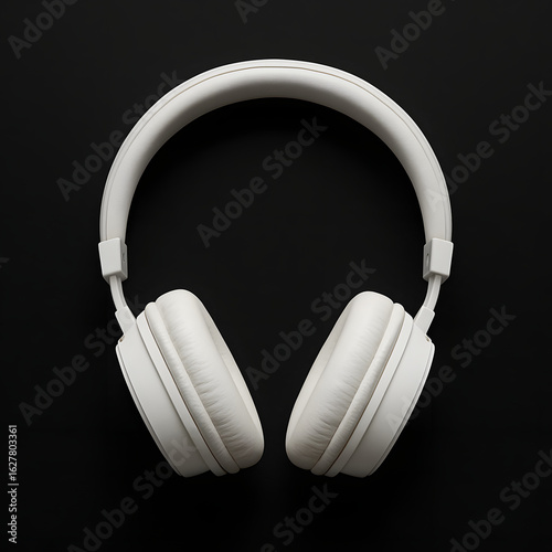 Sleek white wireless headphones on a stark black background. A minimalist top-down view of modern audio technology for music lovers.