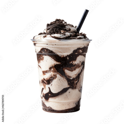 Chocolate-cookie swirl milkshake in plastic cup