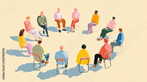 Illustration of people sitting in a circle on chairs, having a serious group conversation. Suitable for topics like therapy, support, teamwork, education, or community discussion.