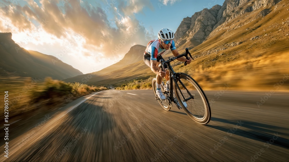 Fototapeta premium A cyclist races down a winding mountain road at high speed. The scene is full of energy and motion