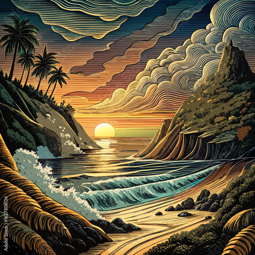 Dramatic Sea Beach Line Art Sketch Vector