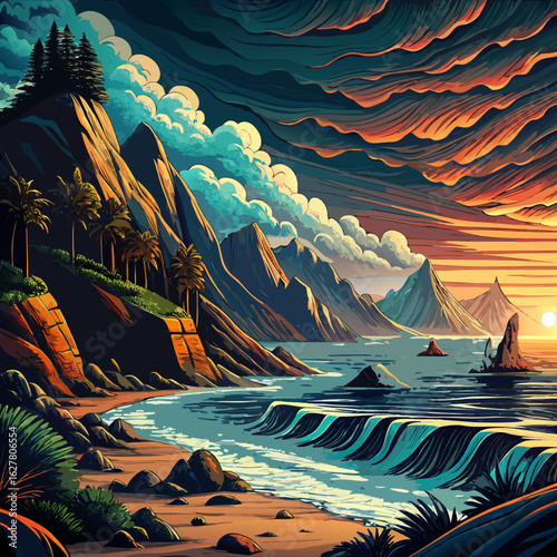 Dramatic Sea Beach Line Art Sketch Vector