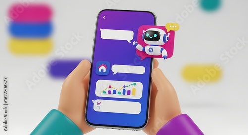 The 3D AI Chatbot provides financial advice on a smartphone, displaying chat bubbles and data charts to assist a user.