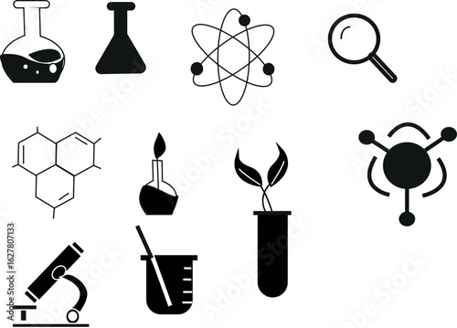 A collection of simple black science icons representing laboratory research and discovery. Includes a microscope, beaker, atom, and chemical structures.