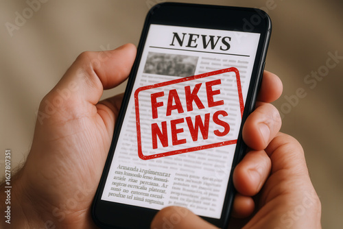Smartphone displaying fake news article with red stamp on screen in hands