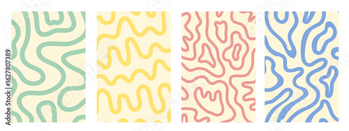 Twisted lines set, Curved, fluid wiggling stripes, waves vector backgrounds set Funky chaotic ornaments, groovy hippie patterns collection. Doodle hand drawn wavy, organic winding lines