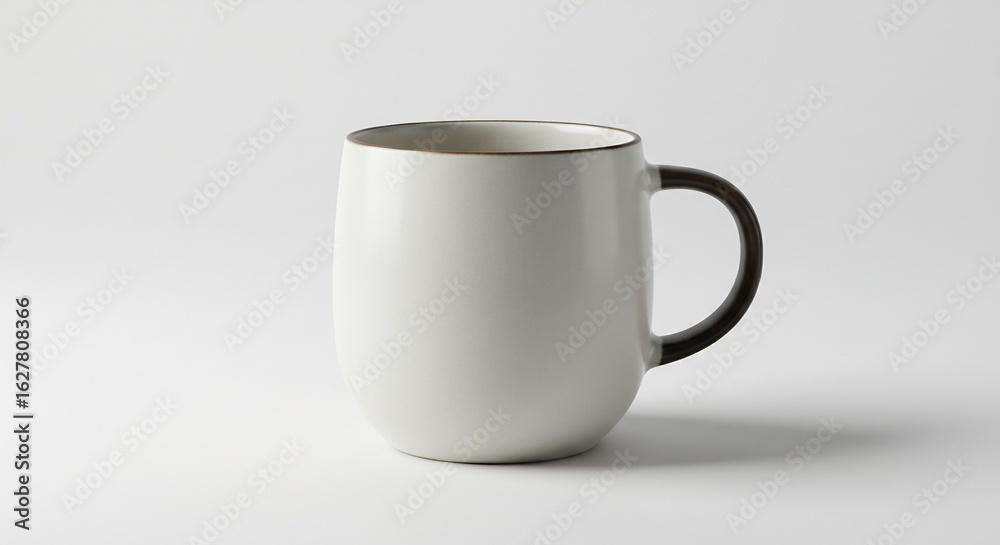 Fototapeta premium シンプル白磁器マグカップ 黒縁ハンドル 柔らかな光. AI Generated