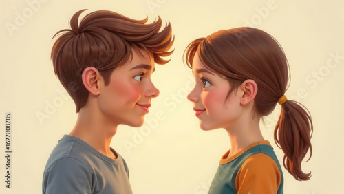 A young man and a girl look at each other and smile, lovers look into each other's eyes. The concept of love, infatuation, sympathy