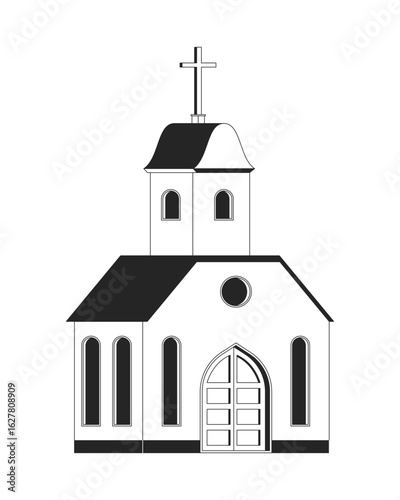 Traditional Christian church building 2D line object. Sunday service. Chapel exterior of religious worship with cross steeple isolated clipart vector ink outline item. Monochrome spot illustration