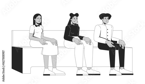 Multicultural people sitting on church pew 2D line characters. Two women and one man participating in spiritual gathering isolated vector ink outline people. Monochromatic spot illustration