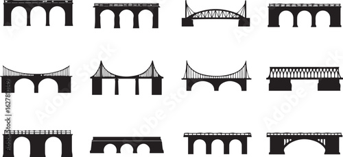 Collection of Twelve Black Bridge Silhouettes on White Background architecture structure