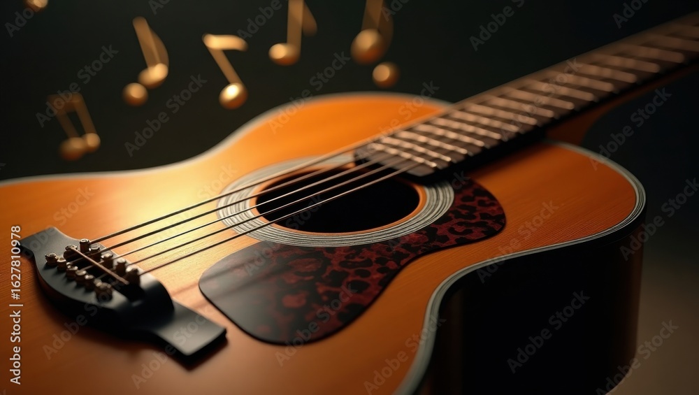 Fototapeta premium Beautiful Acoustic Guitar with Musical Notes Flowing Around It Creating an Enchanting Melody
