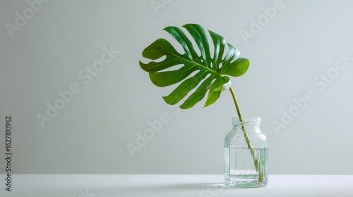 Fresh Green Monstera Leaf in Clear Glass Jar with Water Display
